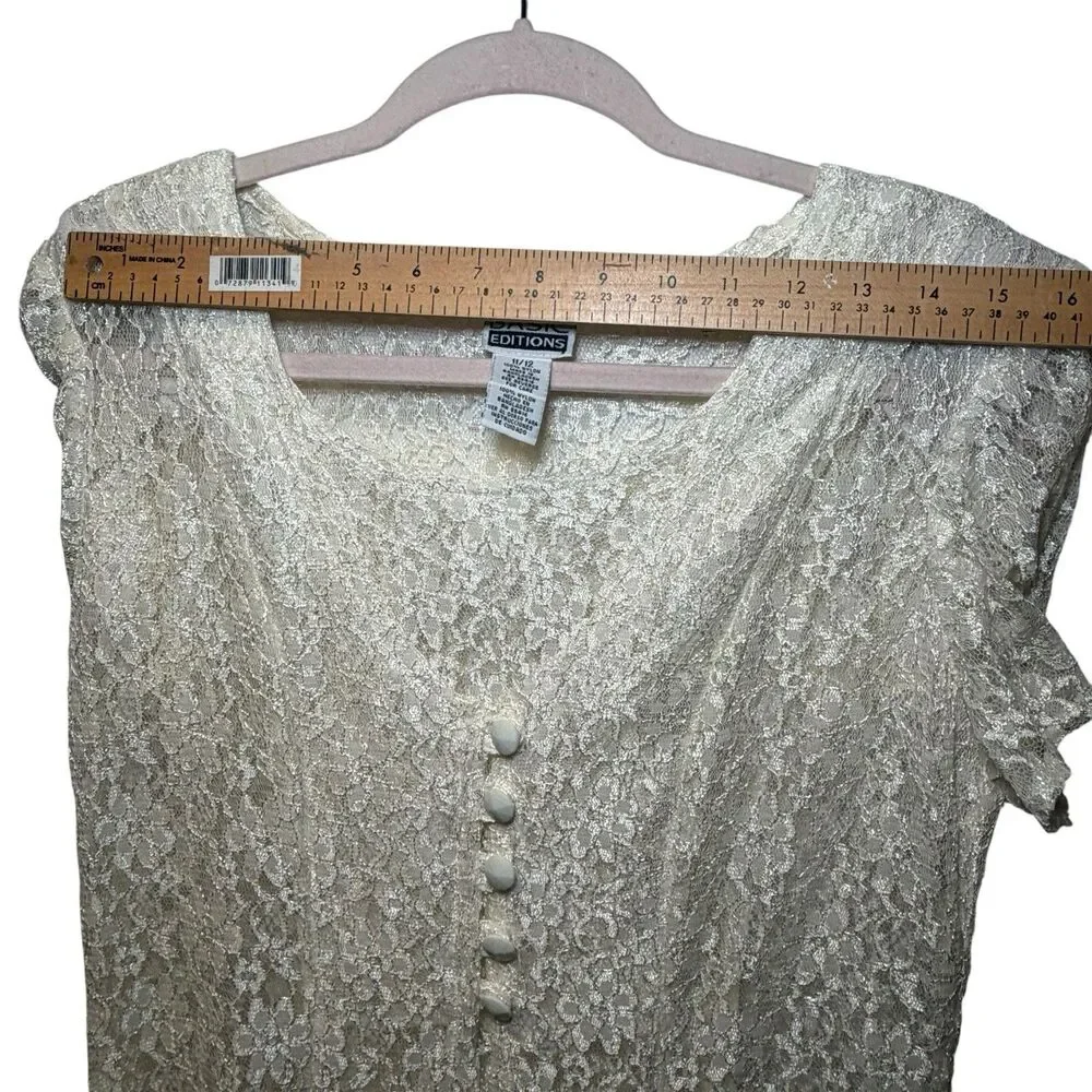 Basic Editions Ivory Floral Lace Maxi Dress Juniors 11/12 V-Neck Button Front